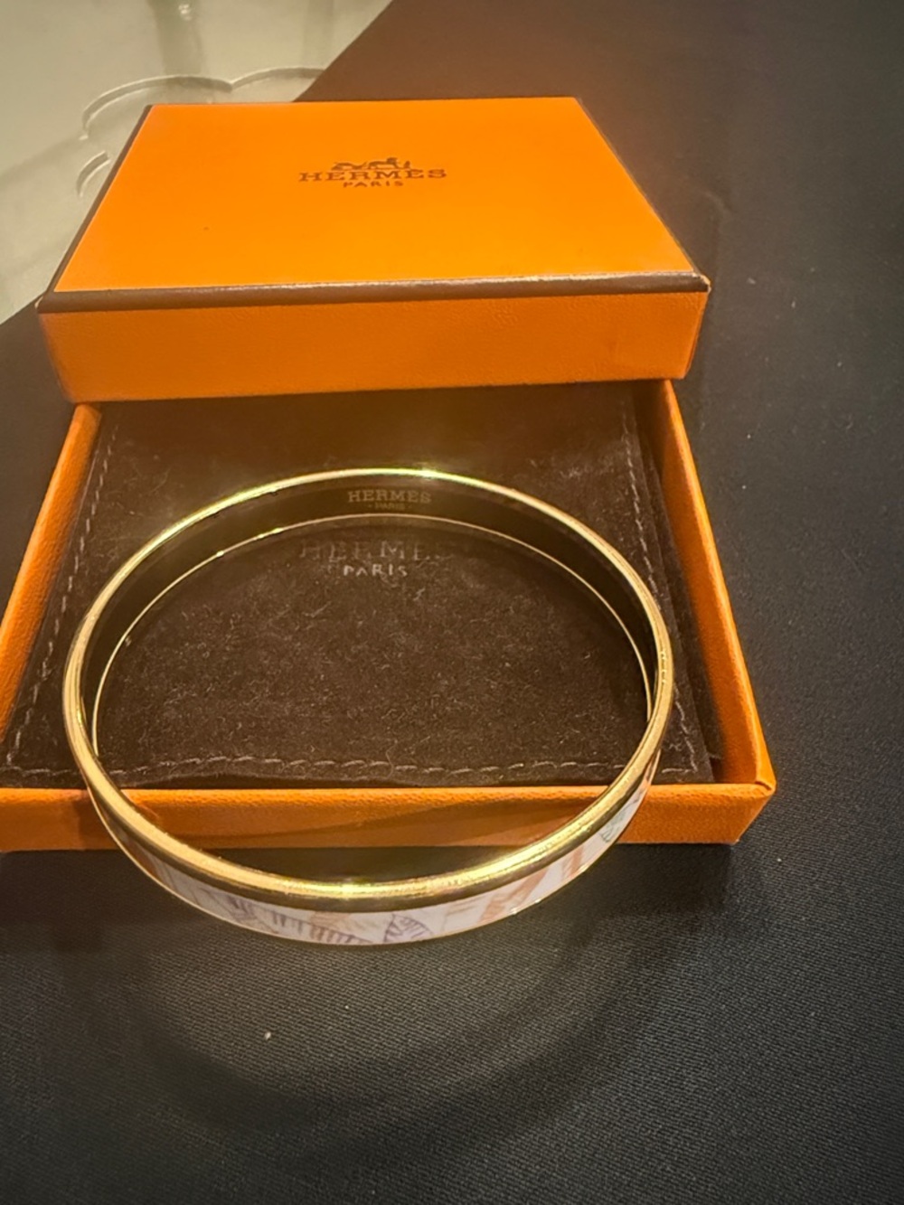 Hermes Orange and Multicolor Enamel Bangle with Gold Edges - Picture 2 of 5